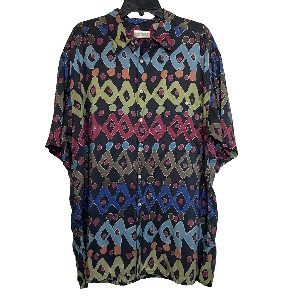 Men’s 100% Silk Short Sleeve Button Up Geometrical Size Extra Large XL Coldwater
